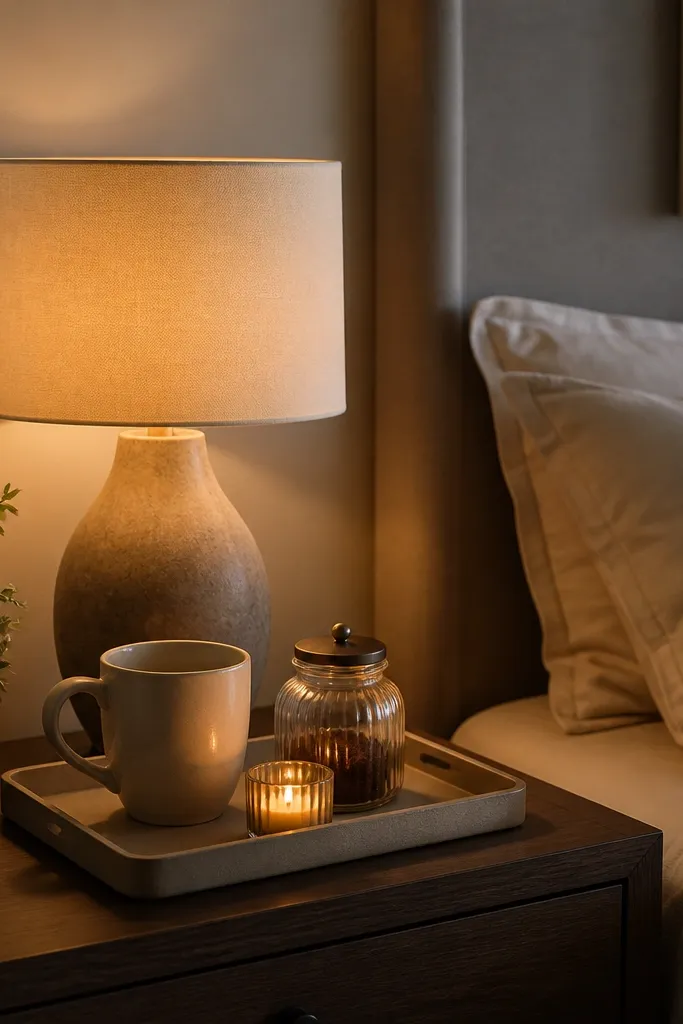 A warm desk lamp sits beside a coffee tray on a nightstand. The tray has a cream mug, a small glass jar, and a candle in a short holder. The lamp light creates a soft yellow glow on the tray.