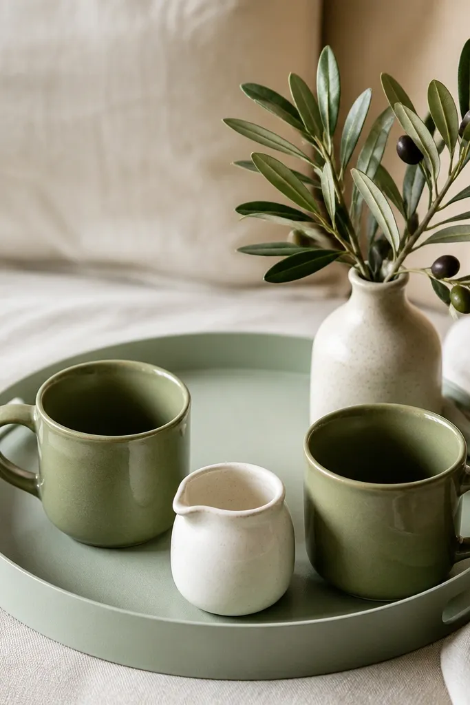 A sage-green tray holds two olive-green mugs. A small white ceramic creamer sits between them. A faux olive branch in a tiny vase is placed at the back corner.