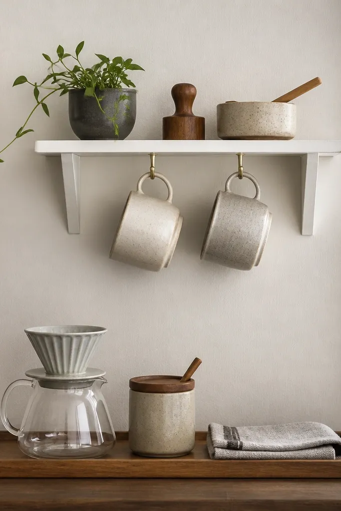 A small white shelf is mounted above a coffee tray. Under the shelf, two small cup hooks hold mugs upside down. The tray below has a dripper, a sugar jar, and a folded cloth.