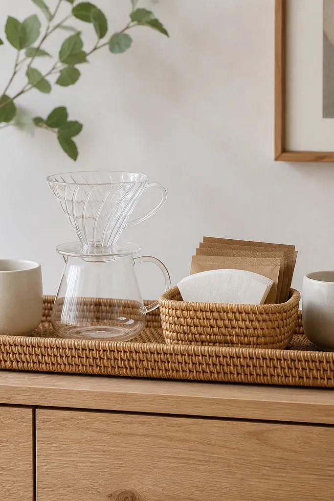 A rattan tray on a light wood dresser holds a glass pour-over dripper. A woven basket sits beside it with filter packets stacked neatly. Two white mugs are placed at the far ends of the tray.