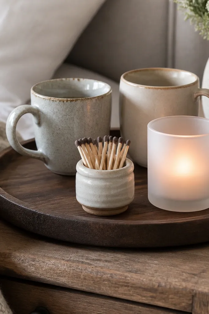 A small ceramic match holder sits on a coffee tray with a battery tea light in a frosted glass jar. Two mugs rest behind it. The tray is on a nightstand with a soft knit throw nearby.
