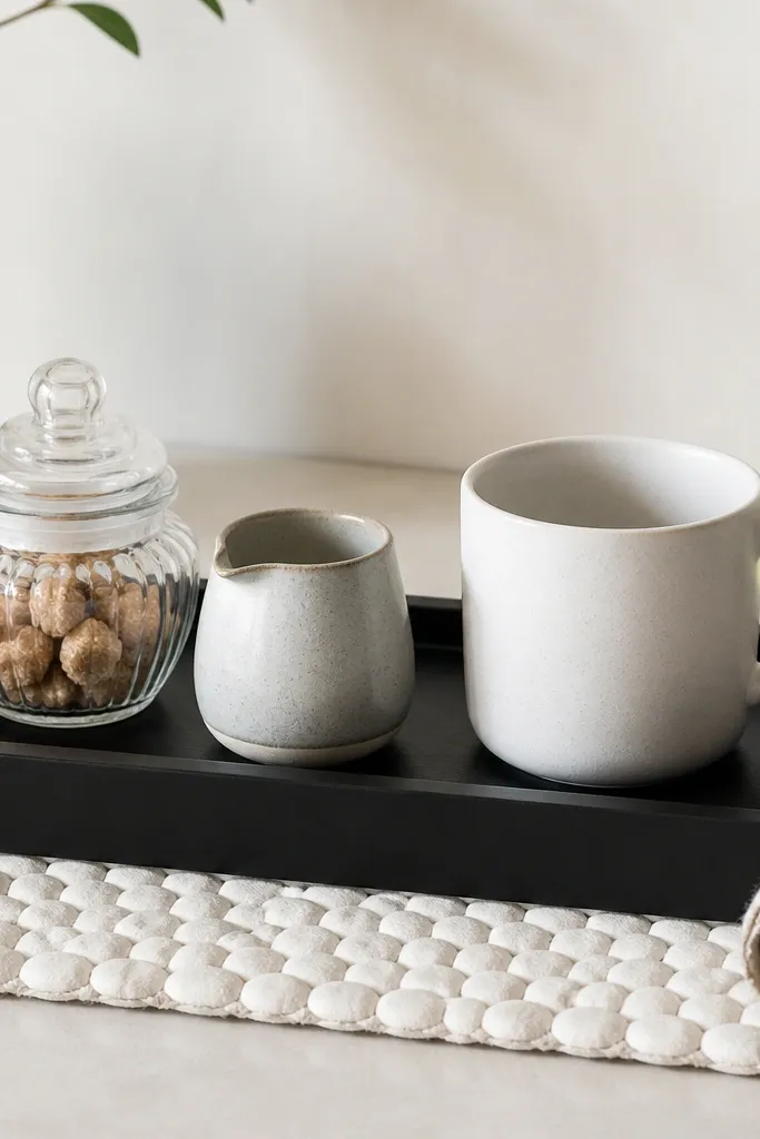 A black rectangular tray sits on a white pebbled stone mat. The tray holds a clear glass sugar jar, a small stoneware creamer, and a single white mug. A rolled linen napkin sits at the side.