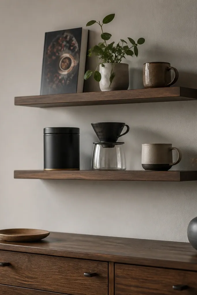 Two narrow wall shelves above a dresser. The lower shelf holds a coffee tin, a dripper, and a mug. The upper shelf holds a coffee book, a small plant, and a second mug.