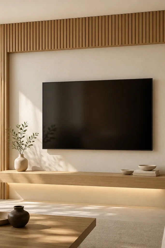 A wall-mounted TV centered within a rectangular frame made of warm oak slats. Behind the TV is smooth ivory plaster. A thick floating shelf in the same oak runs below the TV, with slim LED light hidden under the shelf. The overall look is creamy and calm with soft shadow lines from the slats.