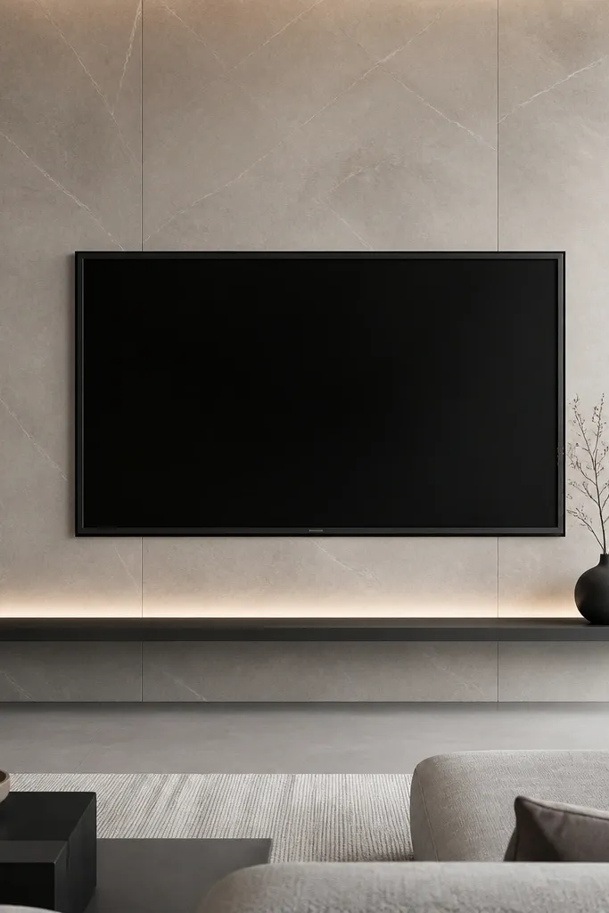 A sleek TV wall with a matte black metal frame around the TV. The backdrop is large stone-look porcelain panels in light greige with subtle veining. A slim floating ledge runs under the TV, and a hidden LED strip glows softly upward. The room feels modern and crisp, with straight lines and minimal decor.