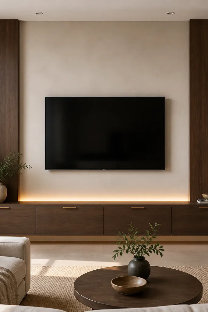 A built-in TV wall where the backdrop is light plaster in warm white. The TV sits above a dark walnut media cabinet with recessed doors and slim brass pulls. Flanking vertical panels in walnut extend up beside the TV. A soft LED strip is hidden at the top edge of the cabinet, creating a warm glow.