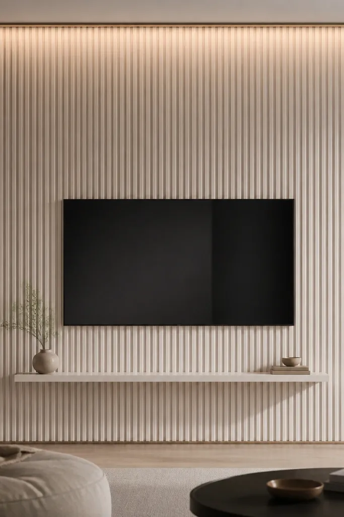 A TV wall framed by full-height fluted panels in off-white. The TV is centered, and thin warm bronze metal trim outlines the perimeter. There's a slim shelf below the TV in matching off-white, and the lighting is indirect, coming from a concealed channel near the top. The flutes create vertical shadows across the entire wall height.