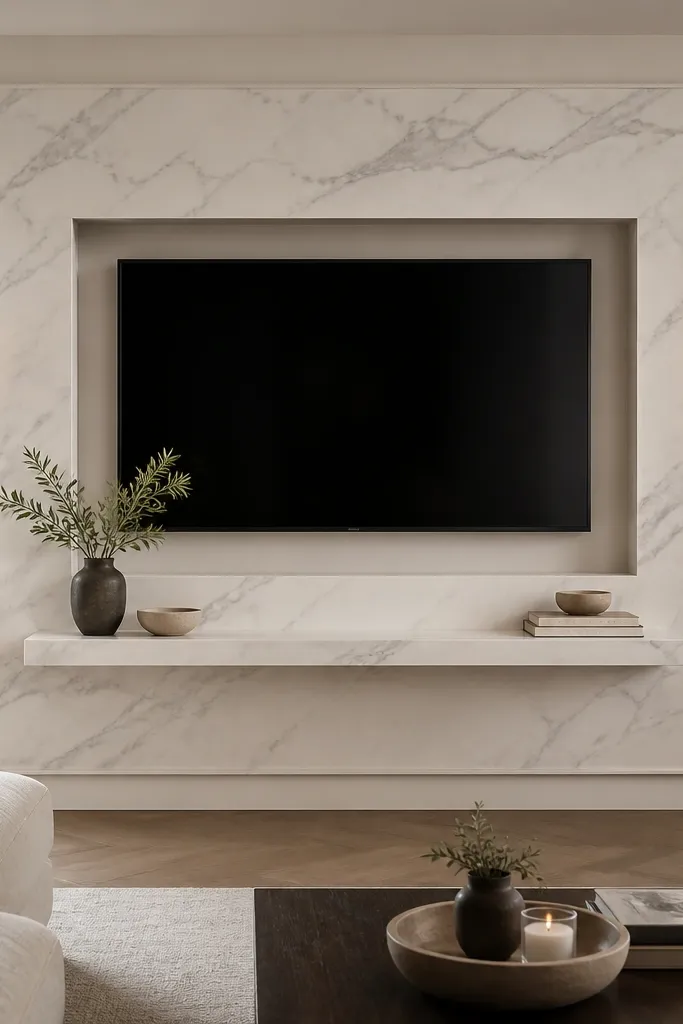 A TV wall with a marble-effect surround in soft white and gray veining. The TV sits inside a recessed niche that has a floating shelf ledge. The surround has a thicker border and a clean inner opening. Two small wall sconces flank the niche, with warm light.