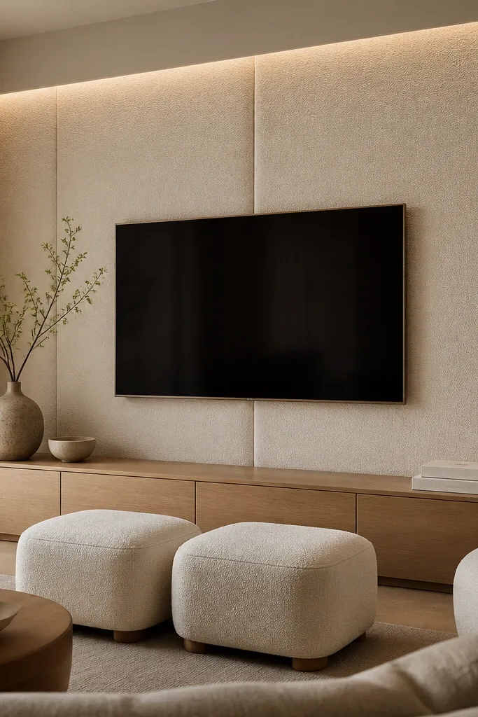 A cozy living room TV wall where the backdrop is upholstered in off-white boucle fabric. The TV is centered and mounted, with a low profile console in light oak beneath. There's no heavy frame; instead, the texture creates softness. A pair of matching upholstered ottomans sits nearby, and the lighting is warm and indirect.