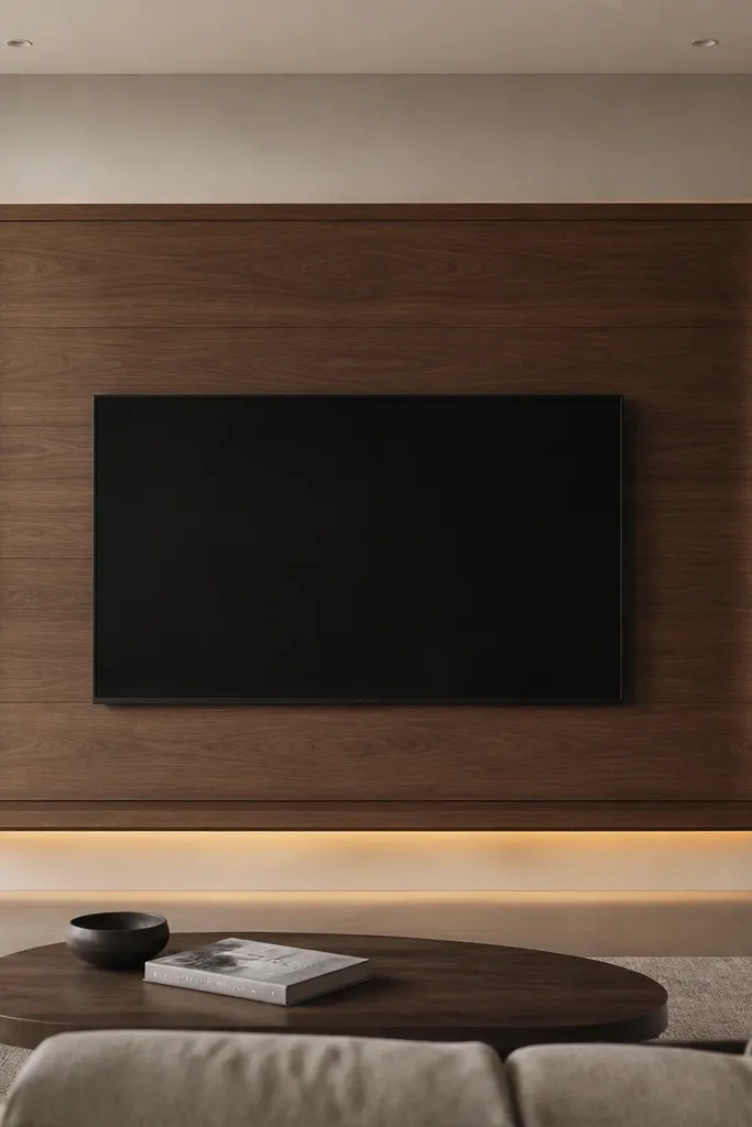 A TV wall with a single continuous walnut veneer slab behind the TV area. The TV sits centered, and there's a subtle cable management shelf hidden beneath the TV opening. The slab has slightly sculpted edges, and there's a thin gap line around the perimeter. A concealed LED strip adds a warm glow along the lower edge.