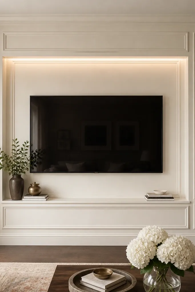 A classic-meets-luxury TV wall with soft ivory wall paneling. The TV is surrounded by picture frame moulding - thin trim with a stepped profile. A matching ledge runs below the TV, and warm LED lighting is hidden inside the top trim. The room feels traditional but clean.