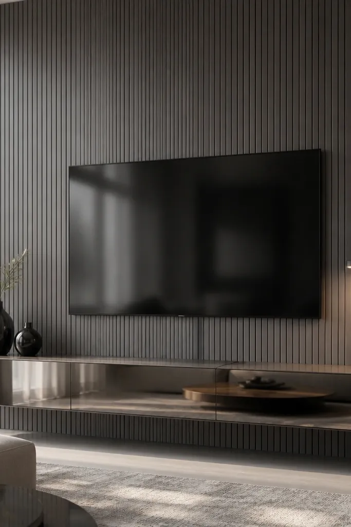 A smoke gray slatted wall behind a centered TV. The slats are slim and evenly spaced, and the TV sits in the middle without a heavy frame. Under the TV is a shelf with a mirrored face, reflecting the room lights. A pair of black vases and a slim lamp sit on the shelf ends.