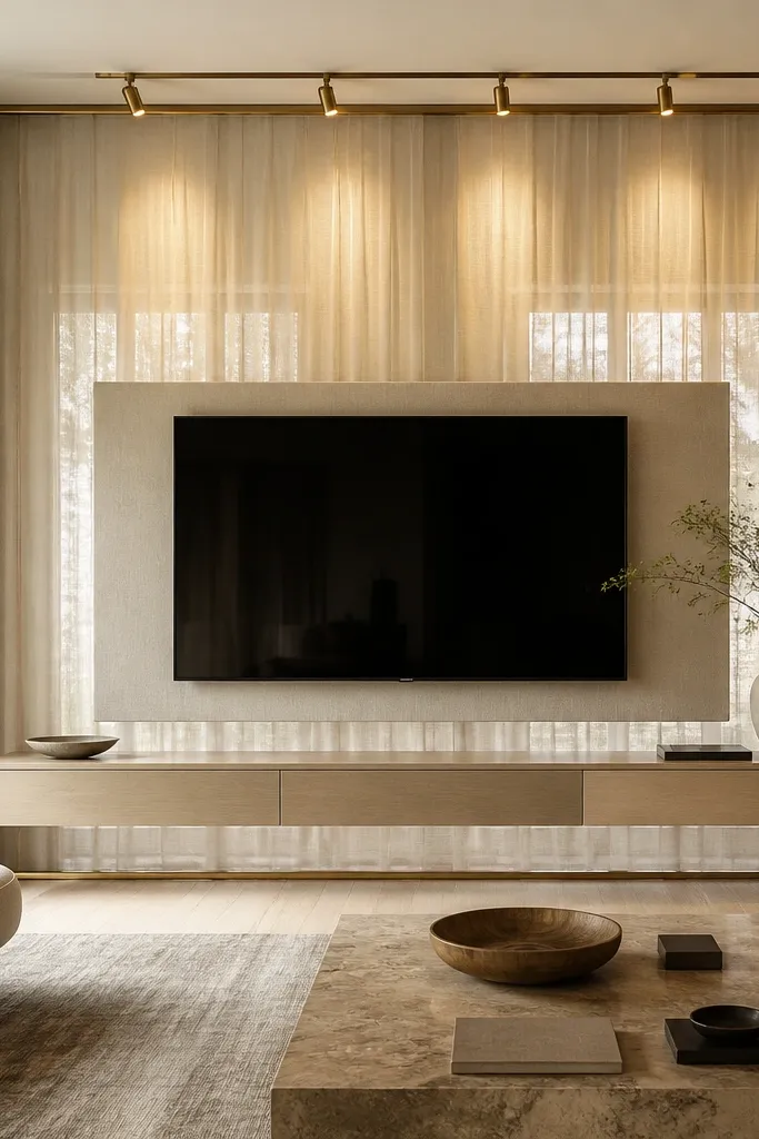 A TV wall with a linen-like sheer backdrop behind the TV area, giving a soft, diffused look. The TV is mounted on a slim floating panel. Brass track lighting shines from above, creating gentle highlights on the fabric. A thin brass rail or trim frames the edges.