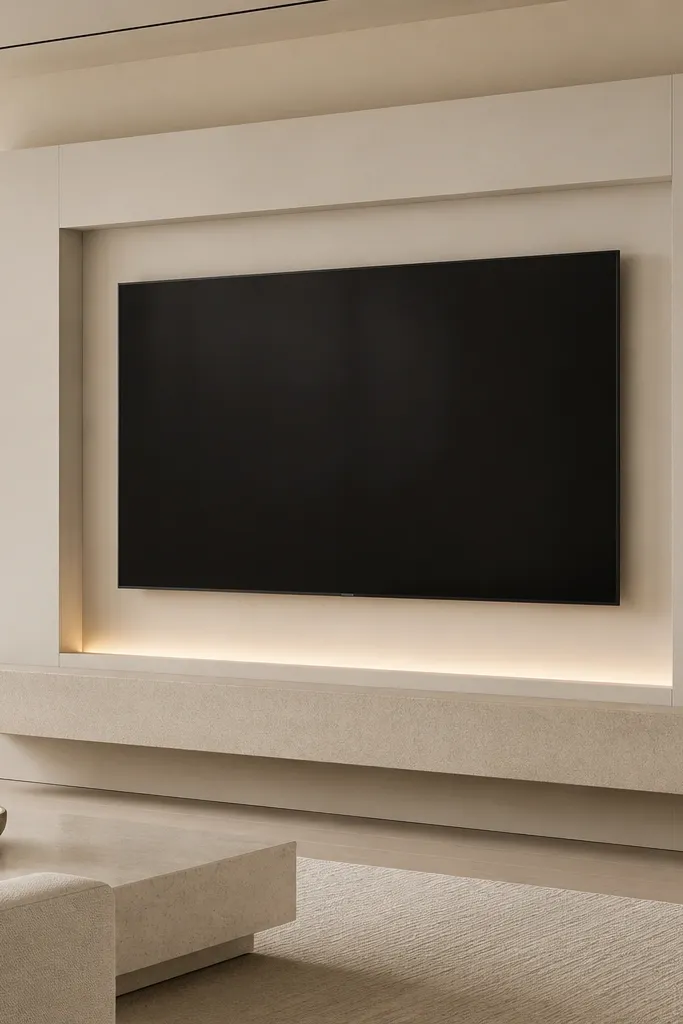 A TV wall where the TV sits inside a large oversize frame made of off-white panels. A thick slab shelf spans the width under the TV, and a recessed LED channel glows upward along the inside edge. The backdrop is a smooth off-white, with no visible decor clutter.