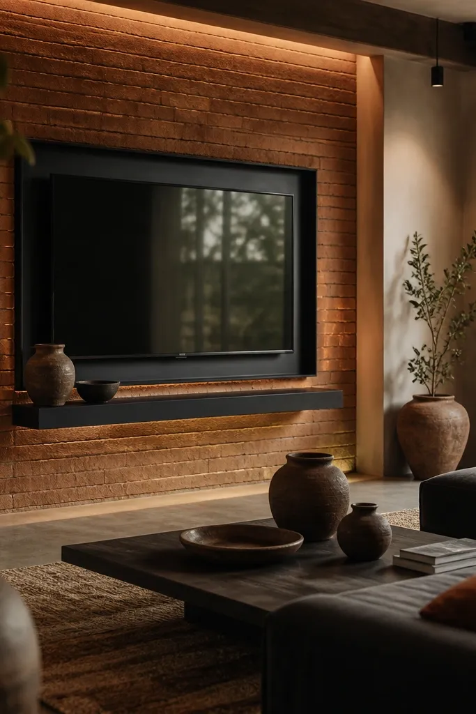 A TV wall featuring terracotta-toned brick-effect panels behind and around the TV. The TV is framed in matte black metal, with a small black floating shelf below. Warm LED lights highlight the brick texture. The room includes earthy pottery and a dark sofa.