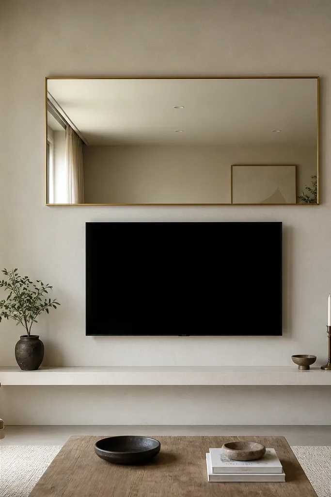 A cream micro-cement wall behind the TV with a subtle speckled texture. A large rectangular mirror hangs above the TV, framed in thin brushed brass. The TV sits centered on the cement wall, and a thin ledge below holds a couple of small decor items.