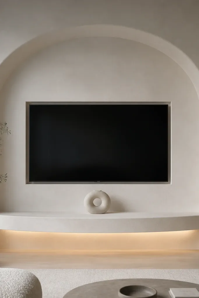 A TV wall where the TV sits inside a sculpted plaster surround shaped like a gentle dome or arch. The plaster is warm off-white with soft shadows. There's a curved shelf below the TV with a concealed LED channel that glows under the shelf edge. The decor is minimal with one ceramic sculpture centered.