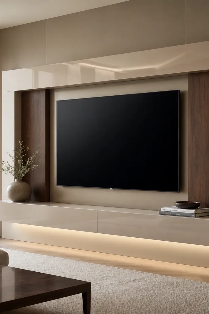 A TV wall with a high gloss champagne lacquer frame around the TV opening. Inside the frame, there are dark walnut insert panels on the sides. A matching lacquer shelf sits below the TV with warm LED lighting under it. The overall palette is glossy champagne and deep walnut.
