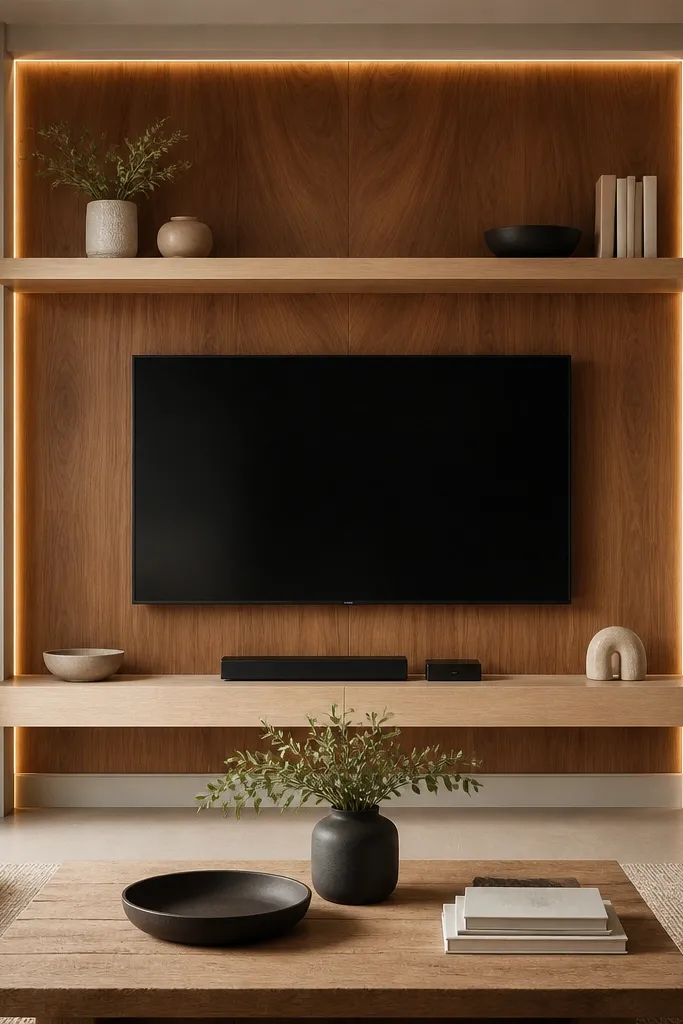 A TV wall with vertical book-matched wood panels centered behind the TV. There are two floating shelves - one above for decor and one below for media accessories. The shelves are in light oak, and the wood panels are warm and symmetrical. A recessed LED line runs along the inner edge of the wood panels.