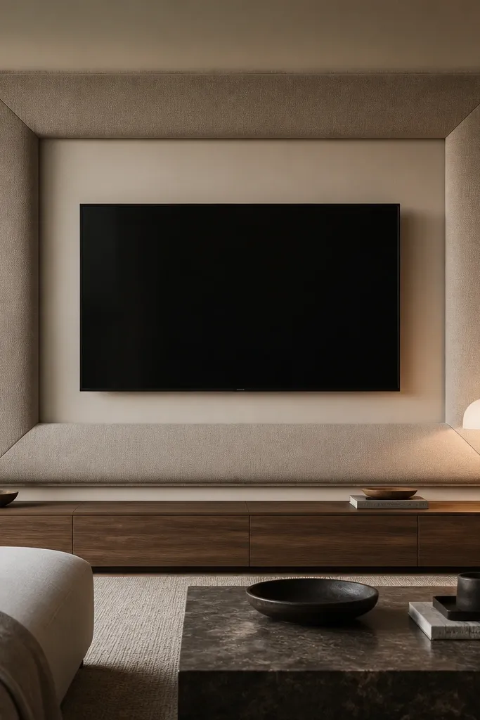 A TV wall with an oversized fabric frame around the TV area, like a picture frame made of upholstered material. The background inside the frame is either a smooth neutral panel or a removable insert. The TV is mounted centered within the fabric opening. There's a low wood console and warm lighting that softens the fabric texture.