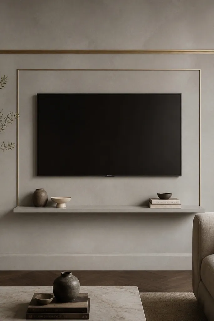 A limewash wall in monochrome light gray with subtle mottling. A brass picture rail runs horizontally across the wall with a thin frame around the TV area. The TV is centered, and a small ledge below holds minimal decor. Warm light makes the limewash texture look creamy.