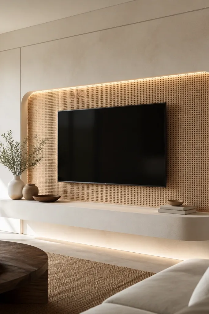 A TV wall with white plaster panels and a rattan inset section around the TV area. The TV is mounted on a black mount, and a white floating shelf runs below. The rattan adds a warm woven texture, while the plaster stays clean. The lighting is warm and indirect, likely from a hidden LED strip.