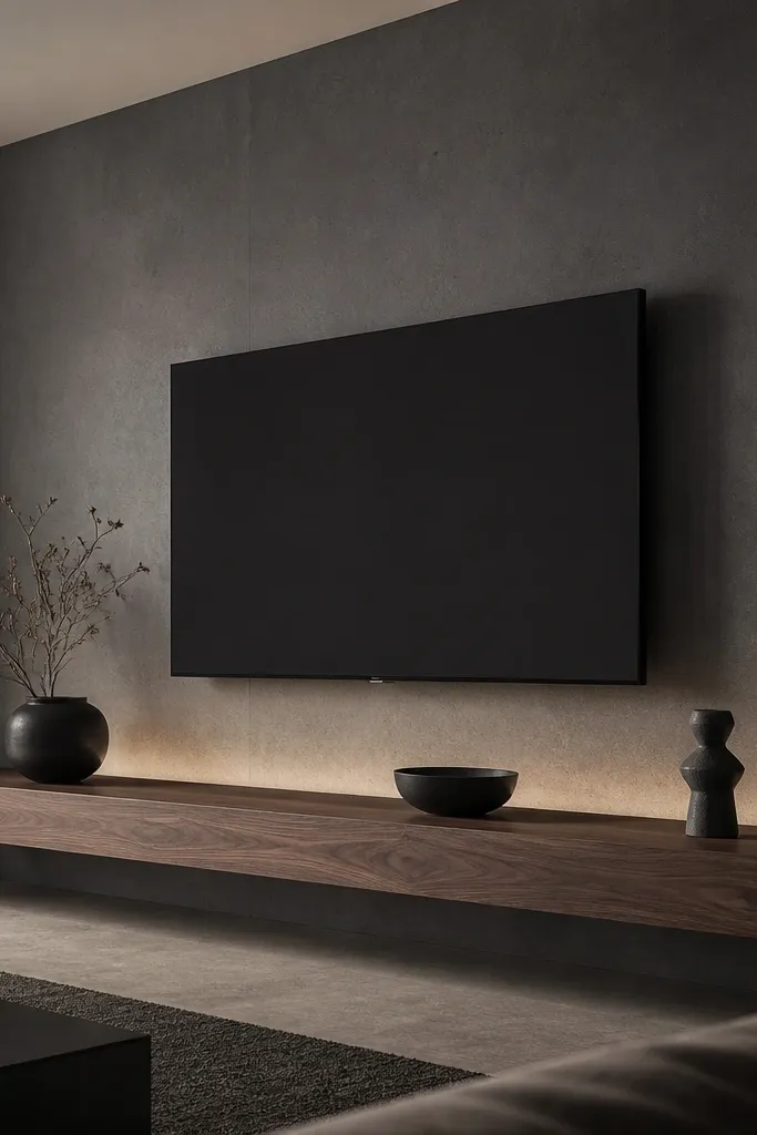 A charcoal cement look TV wall with a matte speckled finish. A walnut floating ledge sits below the TV, thick and smooth. Hidden uplighting washes the charcoal wall upward, and the TV has a minimal black mount. The decor is dark and minimal with a couple of sculptural objects.