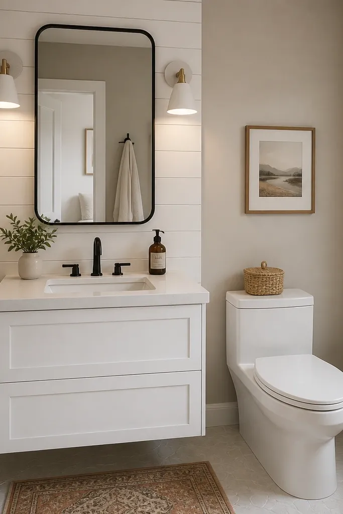 A small full bathroom corner shows a white wall-mounted vanity with a slim quartz top and matte black faucet. Behind it, a narrow band of white shiplap runs only where the mirror sits. A rounded rectangle mirror in a thin black frame hangs above the vanity; two white wall sconces flank it with warm bulbs.