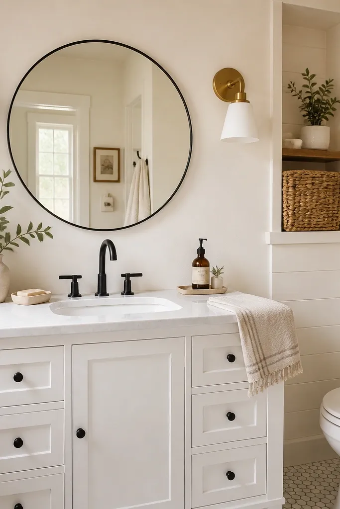 A compact farmhouse bathroom has a white vanity with a matte black gooseneck faucet. On either side of a round mirror are brushed brass wall sconces with white glass shades. The walls are soft warm white, and a small woven basket sits on a shelf to the side.