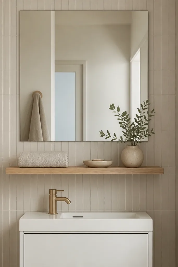 A small bathroom wall shows a frameless mirror above a narrow white vanity. Below the mirror, there's a thin light oak ledge shelf holding a folded linen hand towel, a small ceramic tray, and one plant. The wall has a subtle vertical tile strip behind the vanity.