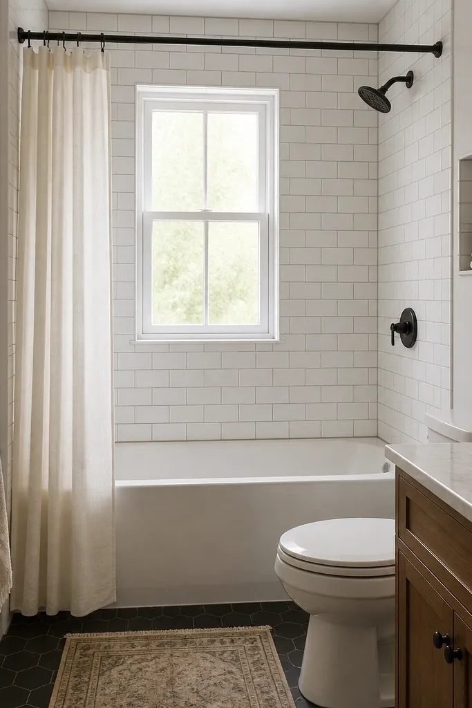 A small full bathroom shows a white subway tile tub surround laid in a classic brick pattern. The grout is warm gray, and there's a simple white bullnose trim at the top edge. A black shower curtain rod frames a window; a small niche holds neatly stacked towels.