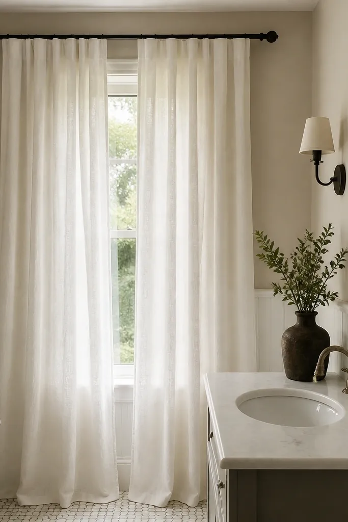 A narrow window in a small bathroom is dressed with floor-to-ceiling curtains in a linen-look fabric. The curtain color is soft off-white with slight texture. A black rod spans wider than the window, and a small valance is not present. A white beadboard wall panel runs below the mirror.