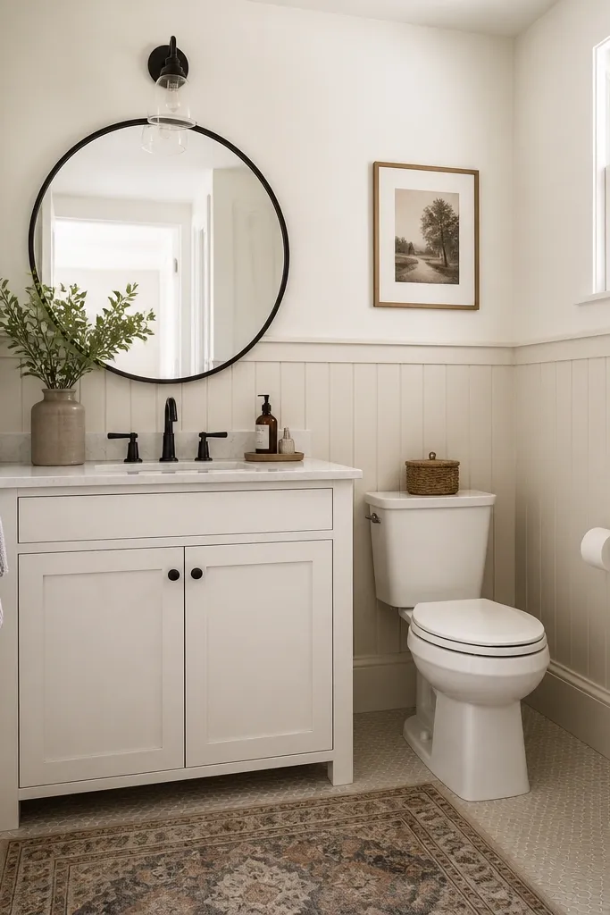 A small full bathroom has beadboard paneling on the lower half of the walls, painted creamy white. Above it, the wall paint is a slightly brighter warm white. A white vanity sits on a wall with a round mirror and a black frame. A small rug with a subtle pattern covers the floor.
