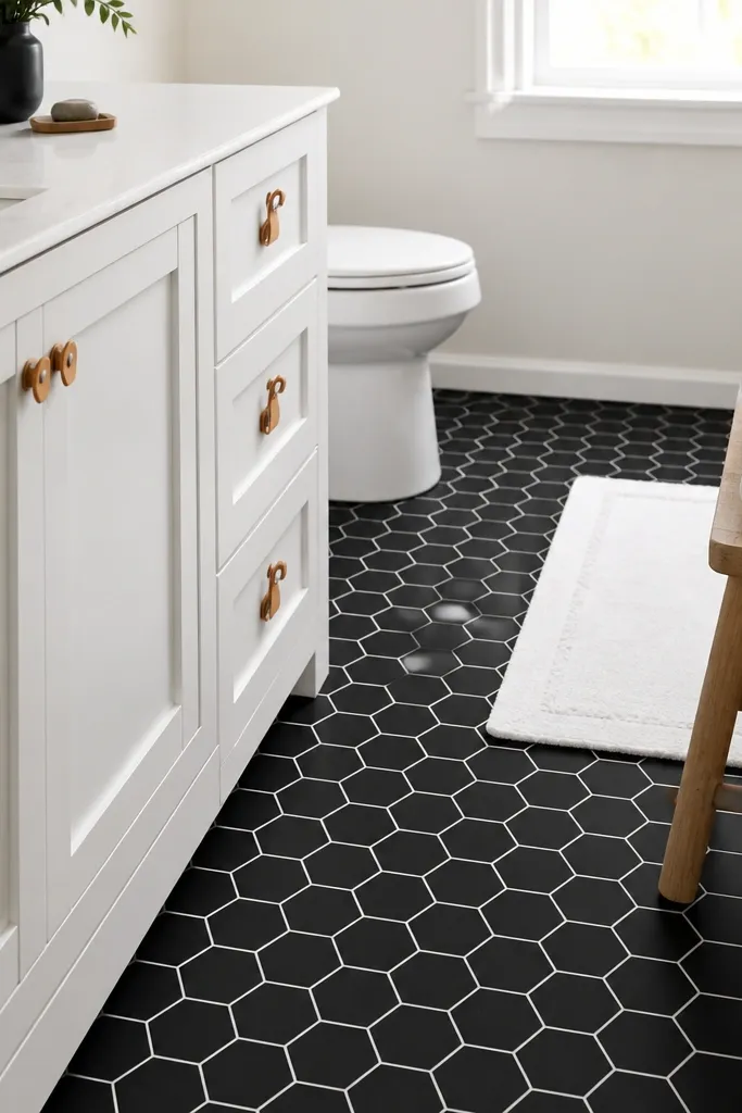 The bathroom floor is covered in small black hex tiles with crisp white grout lines. A white vanity and light wood stool sit above the tile. A simple white bath mat sits near the toilet, and the grout lines are clearly defined.