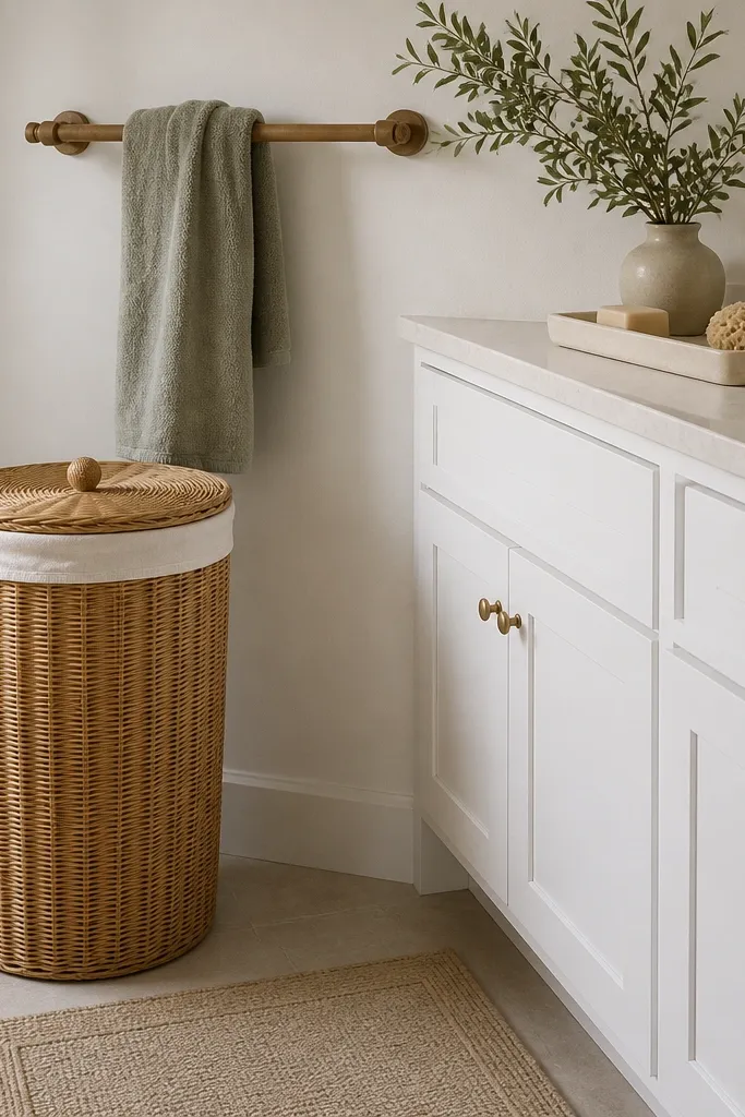 A small bathroom corner holds a tall rattan hamper with a fabric liner. Nearby is a bamboo towel bar mounted on the wall. The vanity is white with a beige countertop tray, and a neutral bath mat sits on the floor.