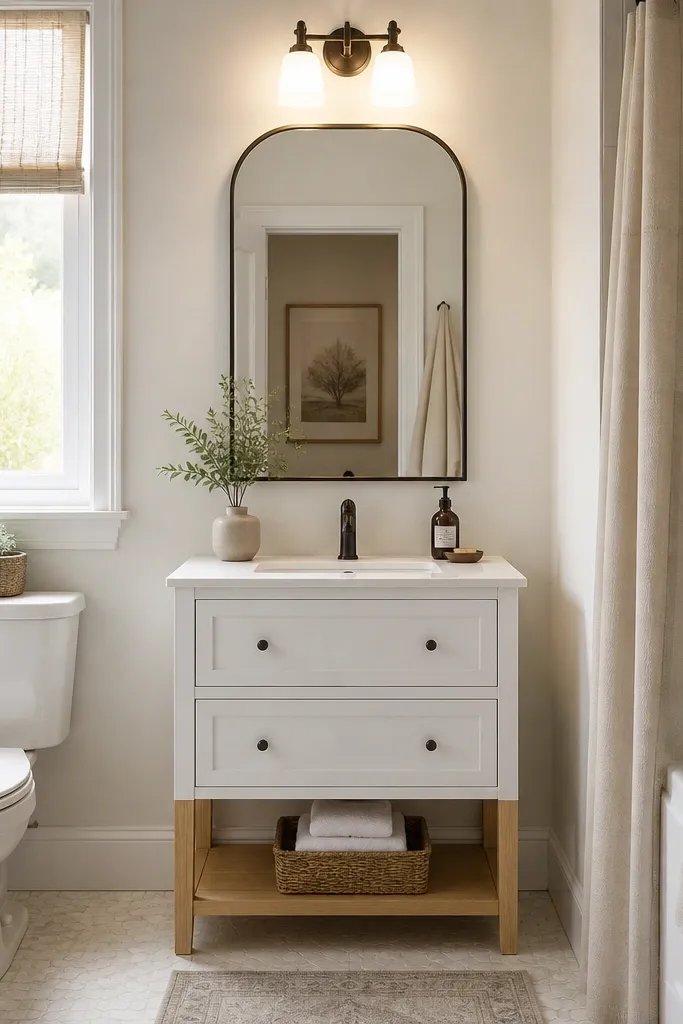 A small full bathroom shows a single vanity light with two frosted glass bulbs mounted above a narrow mirror. The light has an oil-rubbed bronze frame. The mirror is slightly arched at the top, and the vanity below is white with light wood legs.