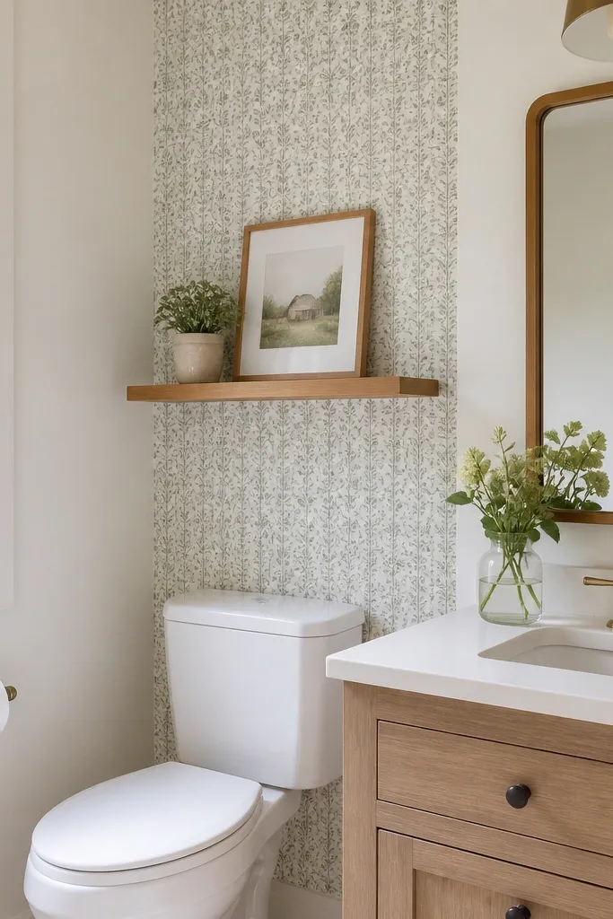 Behind the toilet, there's a wallpaper accent wall in a small-scale farmhouse pattern in muted sage and cream. The rest of the bathroom walls are solid warm white. A simple wood shelf above the toilet holds a framed print and a small plant.