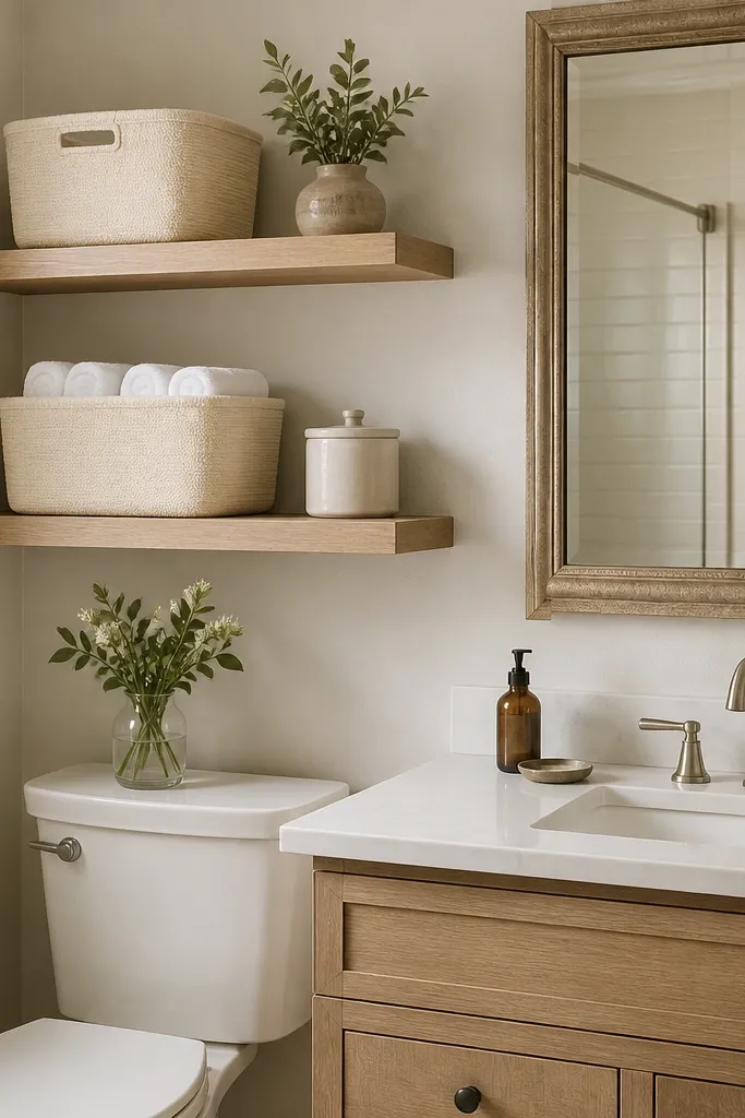 A small bathroom has two open shelves above the toilet. The shelves are white oak with a light stain. On the shelves sit matching cream bins for towels and spare paper, plus a small ceramic canister. A framed mirror hangs on the wall above the vanity.