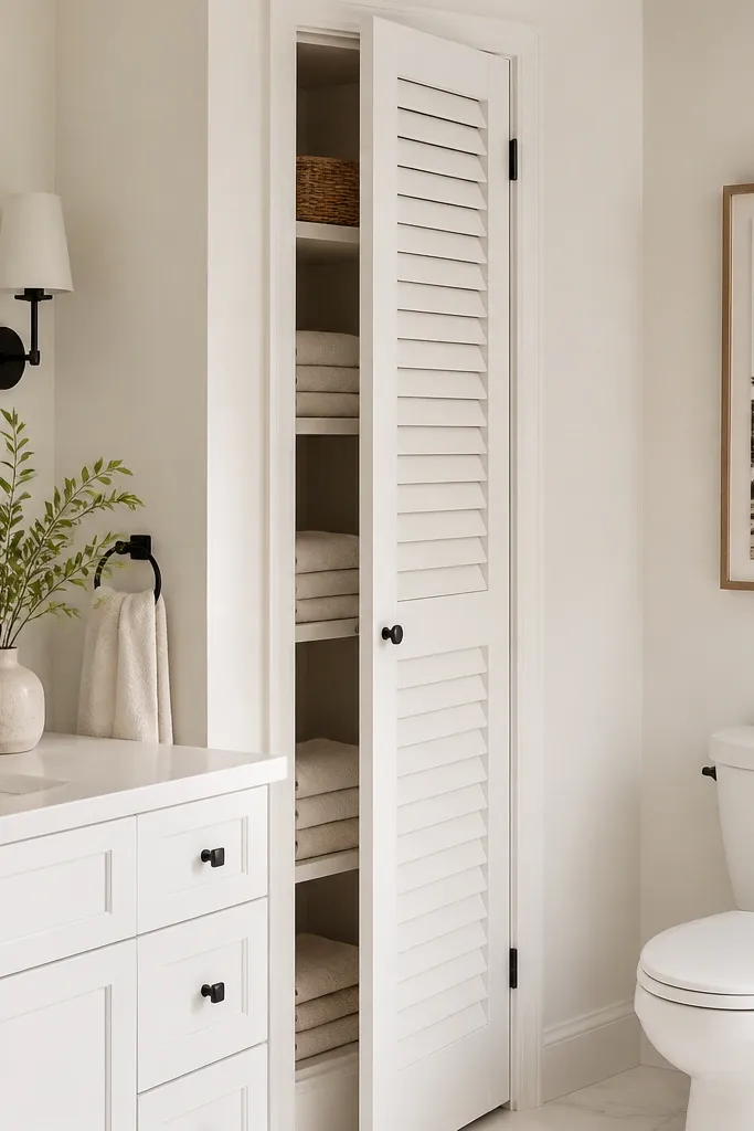 A narrow linen closet niche is built into the wall near the toilet. It has a matte white shutter-style door with slats. Inside, you can see neatly stacked towels. The surrounding wall is warm white, and the vanity is white with black hardware.