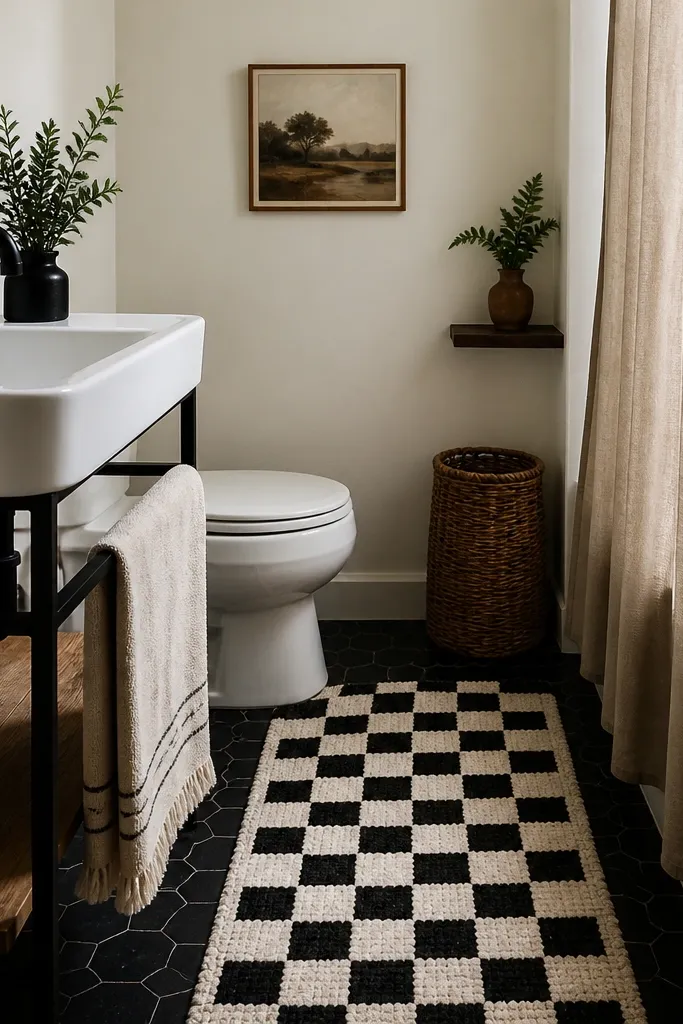 A small bathroom floor has a cream and black checker-pattern bath mat runner near the sink and toilet. The walls are warm white with black fixtures. A small woven basket sits under a shelf, and the shower curtain is a solid neutral.