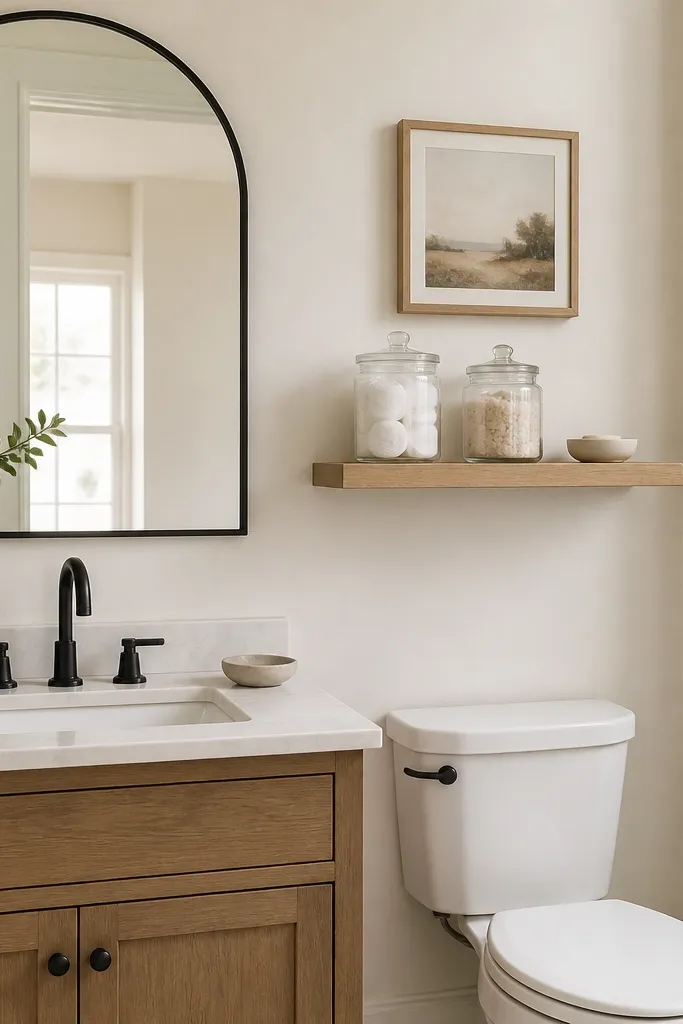 A small wall has a floating shelf in light wood above the toilet. On it sit clear glass jars with white labels, holding cotton rounds and bath salts. A small ceramic soap dish sits near the edge. The mirror above the vanity is arched and black-framed.