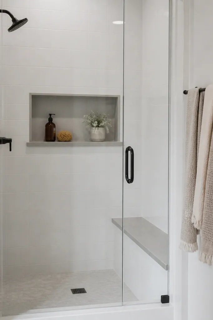 In a small full bathroom shower, there's a built-in wall niche at about chest height. The shower has white tile walls with a light gray accent shelf edge. A slim bench-style ledge is tiled at the side, and towels hang on a black bar outside the shower.
