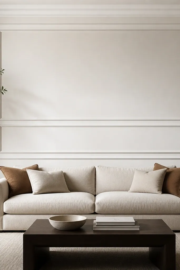 A living room wall with a centered sofa. Behind it, a rectangular picture-frame moulding grid forms one large outer rectangle and two smaller horizontal inner rails, all painted off-white with crisp shadow lines.