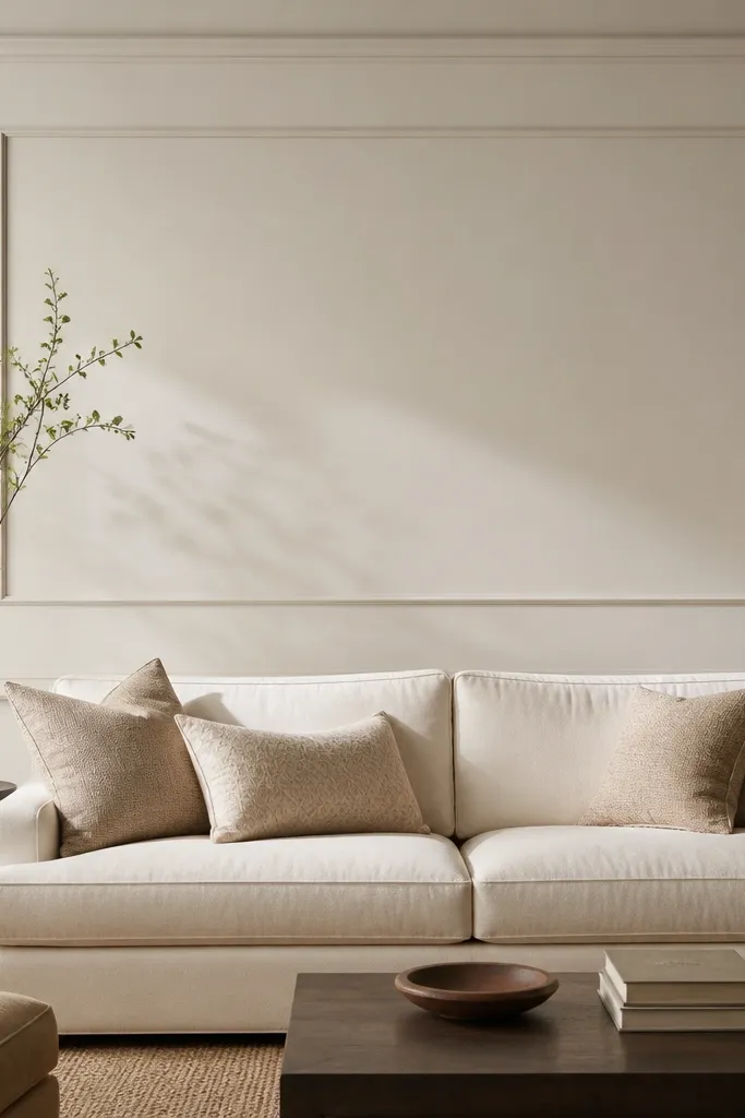 A sofa back wall with a wide outer moulding strip running horizontally and vertically as a rectangle. Inside it, a thin rail sits closer to the center, creating a floating effect with visible depth shadows.