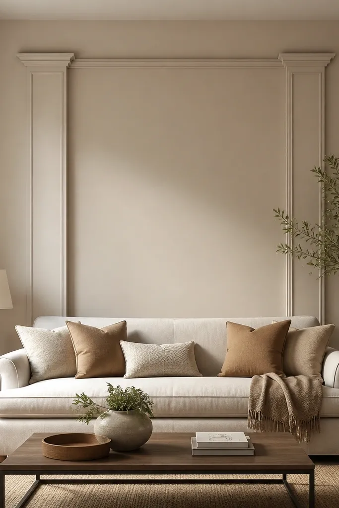 Two vertical moulding columns rise on either side of the sofa back, with a simple horizontal cap near the top. The center section stays plain, painted the same tone as the wall.