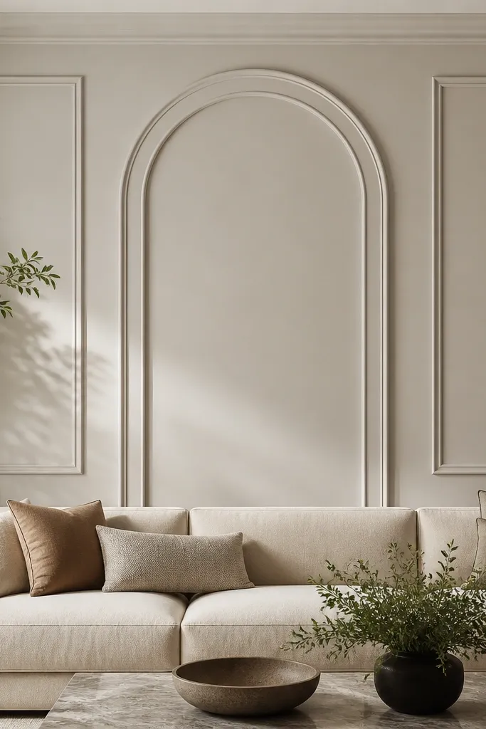 A sofa back wall with a tall arched moulding in the center, flanked by two rectangular frames. The arch has a smooth curve and crisp inner border lines.