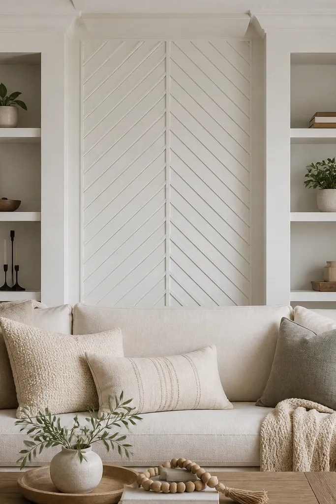 A narrow rectangular section behind the sofa center has a herringbone pattern made from small moulding strips, with alternating angles painted the same white as the outer frame.