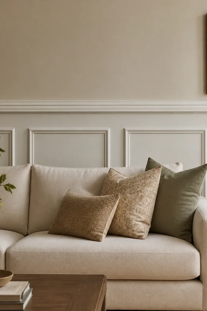 A sofa back wall shows a lower rectangular wainscot frame with panel sections, and above it a simple horizontal moulding band. The colors are warm white moulding on a light beige wall.