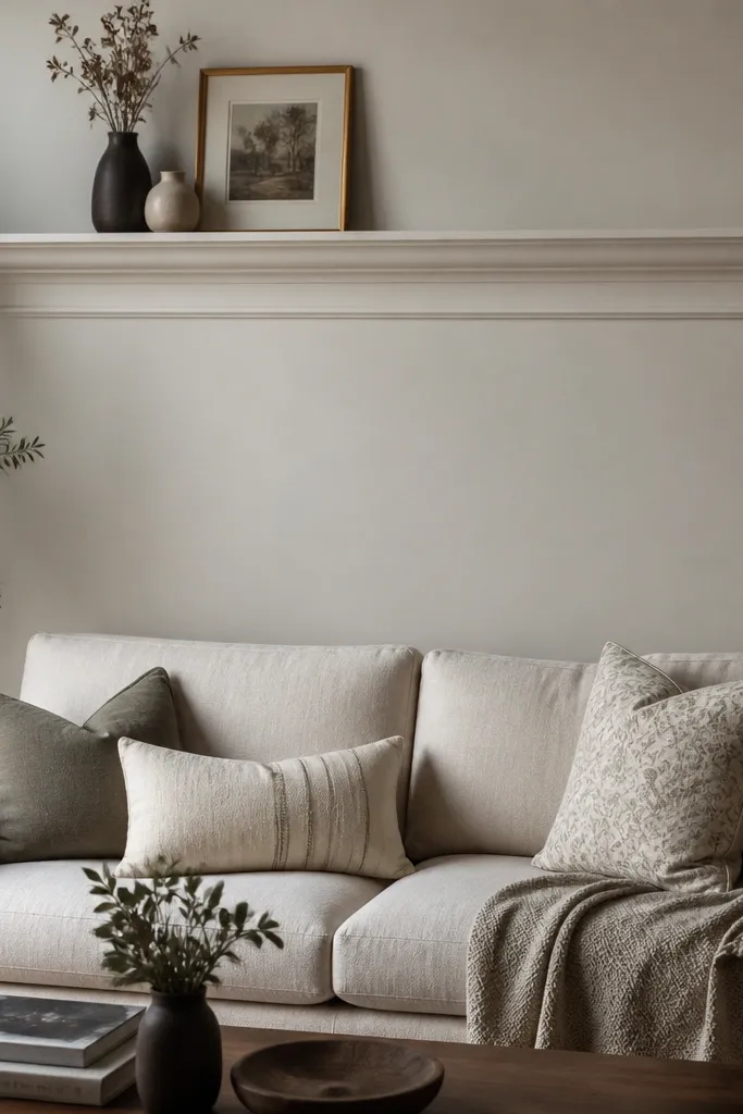 A sofa back wall has a prominent crown moulding-like shelf running horizontally above the sofa, with a smaller inner trim line beneath it. The center area between trims is plain.
