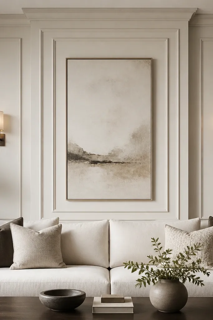 A sofa back wall has a tall central frame like a mantel, with ornate moulding flourishes simplified into straight lines. Two small wall sconces sit at the sides.